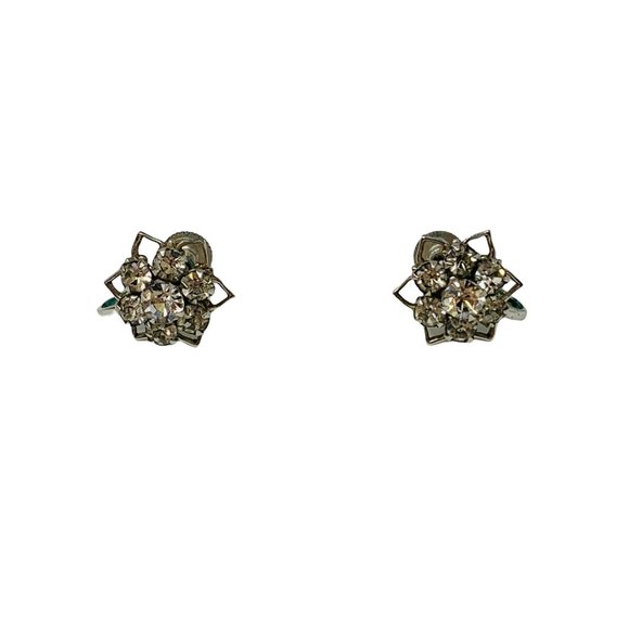 Vintage 1950s Tiny Floral Silver Rhinestone Screw Back Earrings - Picture 1 of 4
